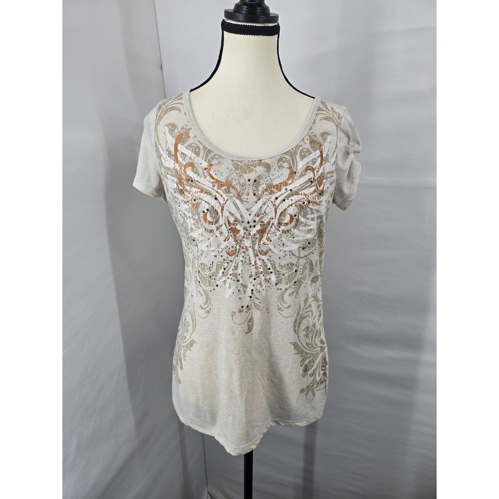 Maurices Premium Graphic Lace Back‎ Rhinestone Top Tan Cream Large Short Sleeve